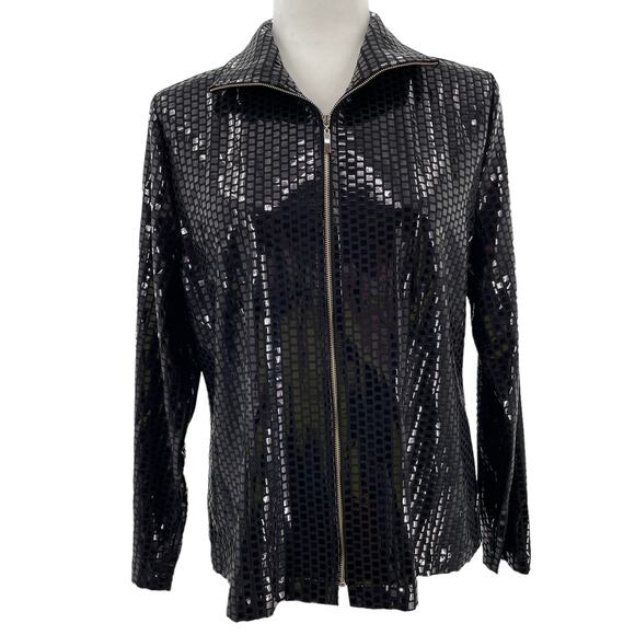 Exclusively Misook Black Square Pattern Shiny Full Zip Jacket Women Sz S - Picture 1 of 12